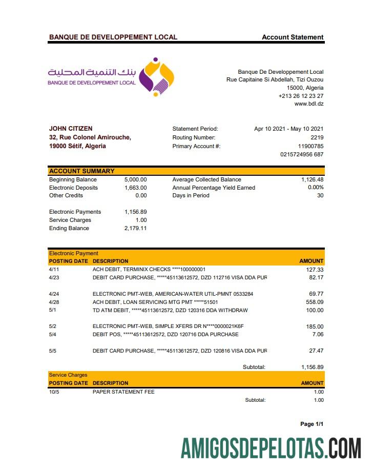 Algeria Banque De Developpement Local Bank Statement Xls modelo